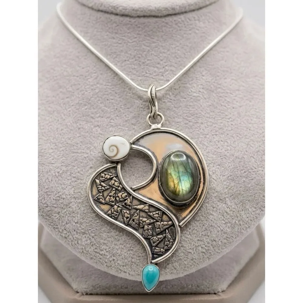 Mixed Stone Pendant Silver Necklace Labradorite, Turquoise, Shiva Eye Shell Boho